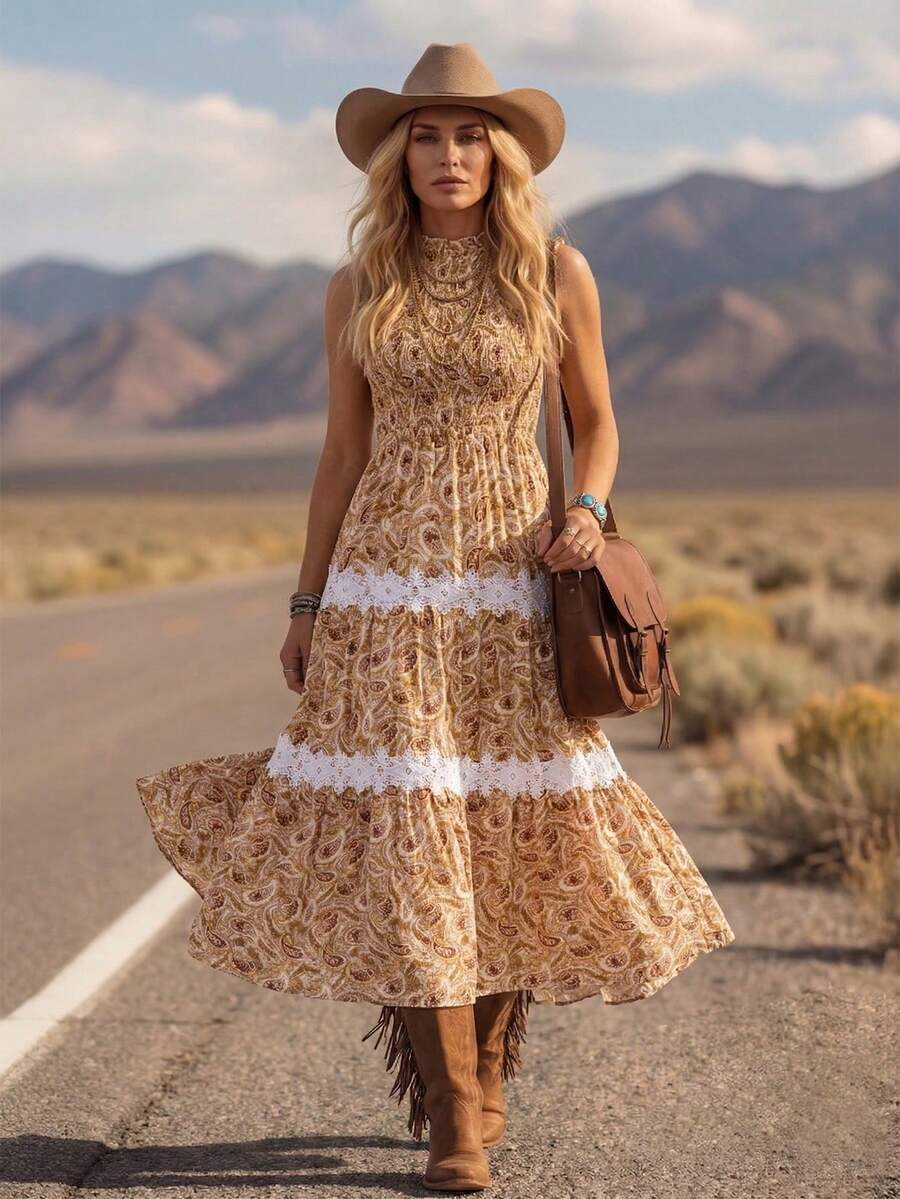 LanaWest Đầm nữ kiểu dáng thường ngày họa tiết hoa điều xếp nếp viền. - Màu vàng - Xem 1