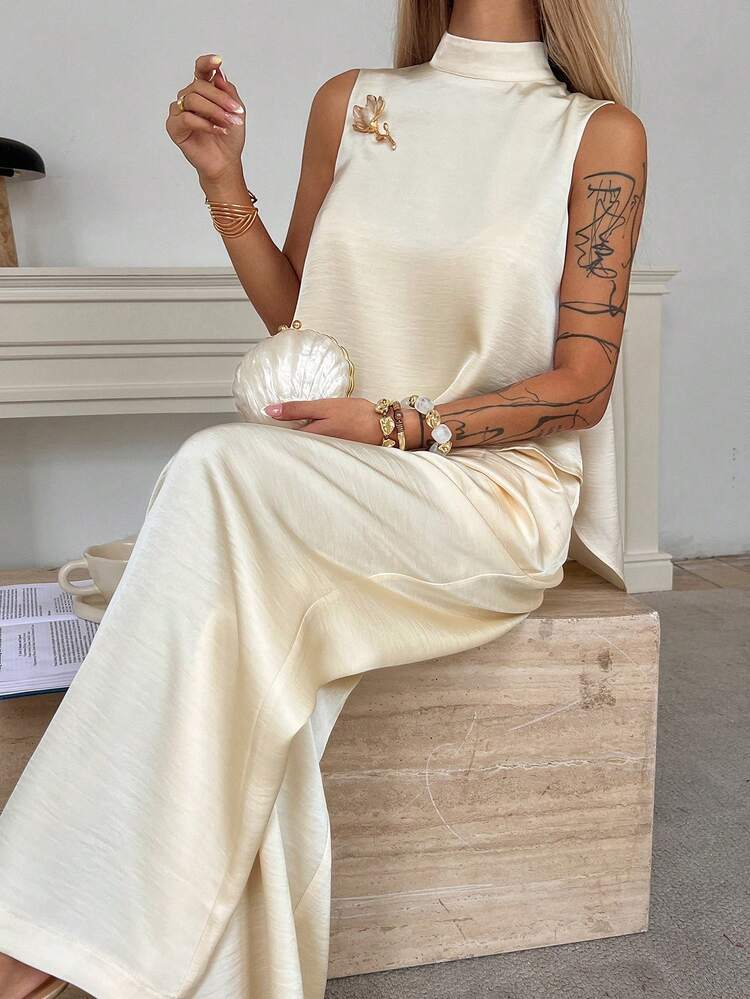 Women's Loose Casual Sleeveless Top And Wide Leg Pants 2 Pieces Set, Suitable For Spring And Summer