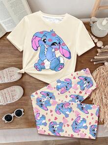 Tween Girls Cute Pink Heart Lip Print,Cartoon Blue Rabbit Lulu Pajamas Set,Beige Summer Home Wear Sleep,Minimalist Round Neck Short Sleeve & Shorts - Multicolor - View 2