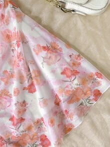 SHEIN 少女休闲 花卉网纱露背吊带度假/假日复古/沙滩/海洋/优雅连衣裙，舒适针织碎花连衣裙，春夏粉色 - 粉色 - 查看 4