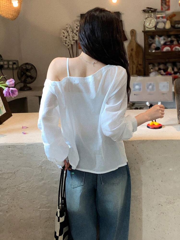 Women's Loose Solid Color Asymmetrical Shoulder Twist Long Sleeve Elegant Summer Blouse