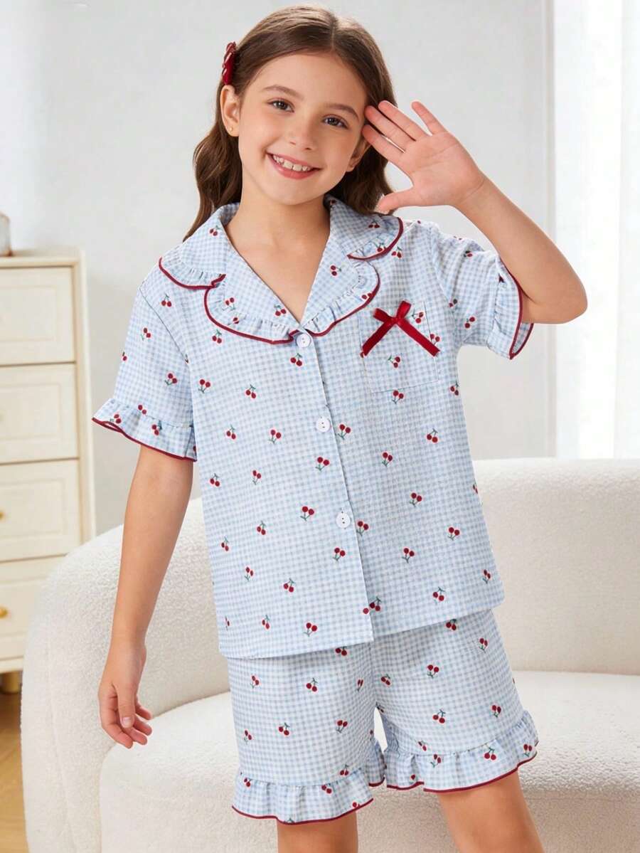 Genkimix Kids Tween Girls Pajamas Set, Comfortable & Fashionable Plaid & Cherry Print With Ruffle Design, Short Sleeve Top And Shorts, Elegant Sleepwear - Blue - View 1