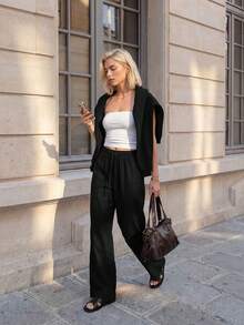 SHEIN ICON Quần nỉ nữ ống rộng màu đen trơn, thoải mái và giản dị, chất liệu dệt kim. - màu đen - Xem 10