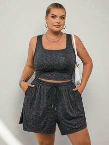 SHEIN CURVE+ 大码女式彩色蜂窝网眼面料运动套装，包括背心和短裤 - 黑色 - 查看 6