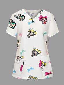 PopScrub THE POWERPUFF GIRLS X SHEIN 女士清新白色底彩色蝴蝶结印花V领手术服上衣 - 白色 - 查看 4
