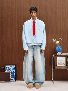 TOKVUE 男士休闲条纹蕾丝边宽松衬衫，年轻学院风 - 藍白色 - 查看 3