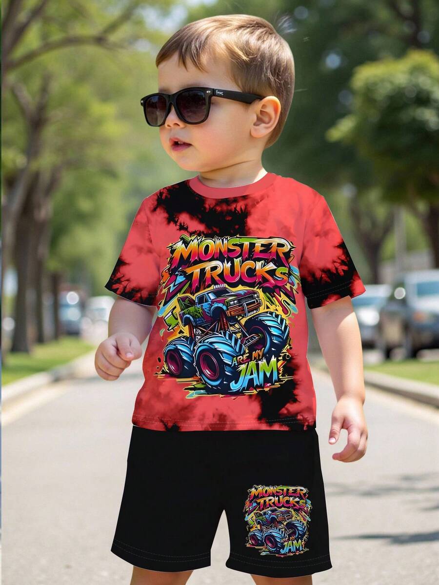 一套婴儿/幼儿男童休闲酷炫卡通怪兽卡车红黑扎染渐变印花短袖T恤和短裤套装，适合日常外出、街头、运动、休闲穿着、夏季服装 - 彩色 - 查看 1