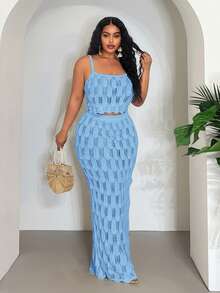 Veslaya Ensemble 2025 nouveau top court sans manches évidé sexy/vacances/élégant et jupe maxi moulante - Bleu ciel - Voir 1