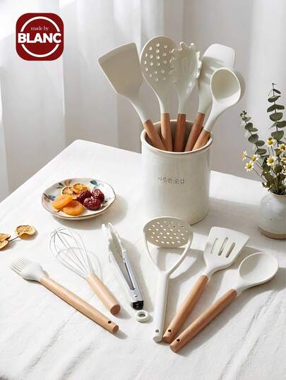 Madebyblanc 13 Parçalı Silikon Pişirme Gereçleri Seti, Stand Dahil, Mutfak Gereçleri Seti, Yemek Pişirmeye Uygun, Ahşap Saplı Kaşık, Pense