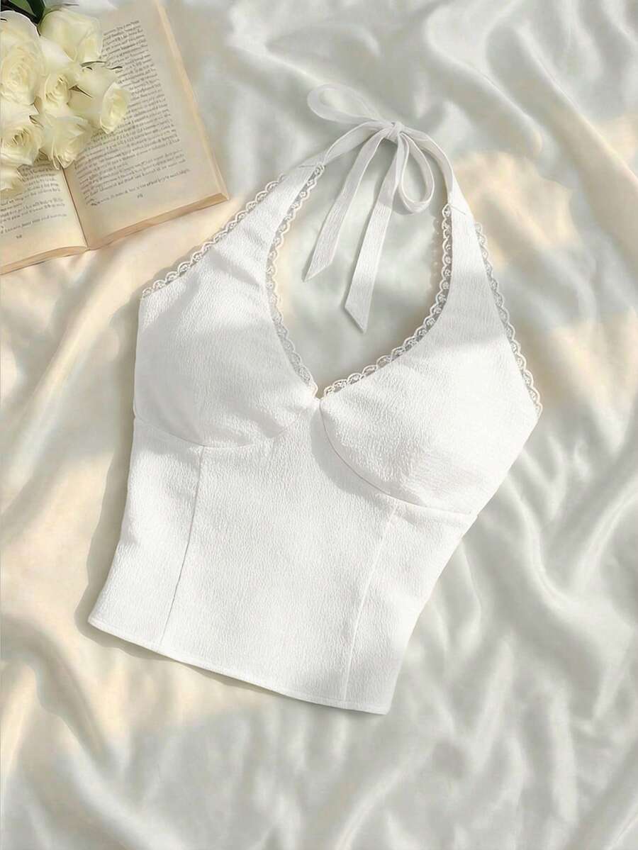 SHEIN MOD Áo hai dây cổ yếm đơn sắc tối giản dành cho nữ, thích hợp mặc hàng ngày. - trắng - Xem 1