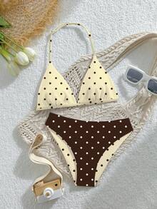 Bộ đồ bơi 2 mảnh cho bé gái tuổi teen, phong cách thường ngày, họa tiết chấm bi ngẫu nhiên trên vải dệt kim, áo cổ yếm điều chỉnh được và quần tam giác, thích hợp cho mùa hè ở bãi biển, hồ bơi, kỳ nghỉ và tiệc tùng. - màu nâu - Xem 4