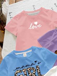 4pcs/Set Baby Girl Casual Minimalist Leopard Print, Heart & "Mama's Girl" Letter Graphic Round Neck Short Sleeve T-Shirts, Suitable For Spring & Summer - Multicolor - View 6