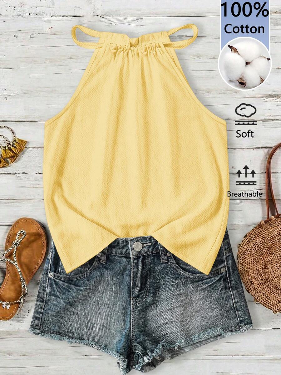 EMERY ROSE Casual Solid Color Versatile Women's Cotton Halter Neck Camisole, Suitable For Spring And Summer,Summer Top - Yellow - View 1