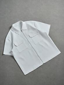 Manfinity EMRG Men's Casual Solid Color Minimalist Zip-Up Short Sleeve Shirt - White - View 3