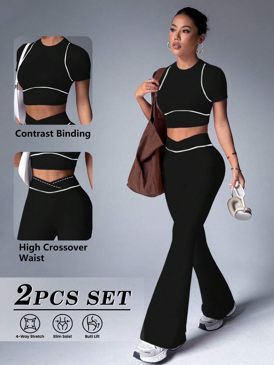 Dewbera Conjunto de camiseta corta y pantalones acampanados con ribete de contraste, estilo deportivo casual para mujer - Negro - Ver 1