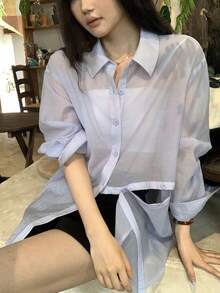 DAZY Damen lockere Bluse mit asymmetrischem Saum und Schlitz, lässig, sexy, langärmelig, für Urlaub, einfarbig, Golf, Herbst, Schule - Blau - Übersicht 1