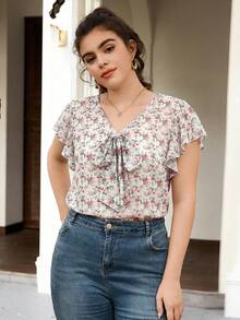 SHEIN Frenchy 大码女式夏季休闲碎花系带袖衬衫 - 彩色 - 查看 4