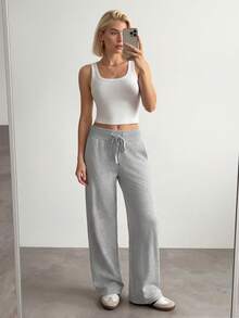 SHEIN ICON 小码舒适休闲纯色针织低腰阔腿女式运动裤 - 灰色 - 查看 5