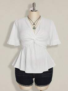 SHEIN ICON 大码女式纯色扭结纹理荷叶边袖上衣 - 白色 - 查看 8
