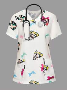 PopScrub THE POWERPUFF GIRLS X SHEIN 女士清新白色底彩色蝴蝶结印花V领手术服上衣 - 白色 - 查看 1