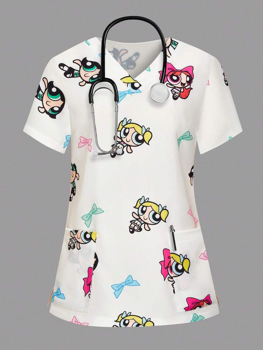 PopScrub THE POWERPUFF GIRLS X SHEIN 女士清新白色底彩色蝴蝶结印花V领手术服上衣 - 白色 - 查看 1
