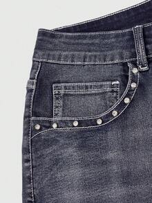 ROMWE Goth Vintage Millennium Embroidered Lobster Plus Size Denim Shorts - Blue - View 4