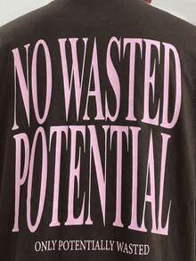 Musero Oversized Short Sleeve Crew Neck "NO WASTED POTENTIAL" Graphic Print T-Shirt Autumn Winter Streetstyle - Brown - View 2