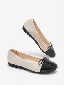Eladyva Bailarinas con punta redonda y lazo para mujer de talla grande, en diseño de patchwork blanco y negro, con suela suave y cómoda, en diseño de bloques de color, adecuadas para primavera y otoño - Blanco y Negro - Ver 9