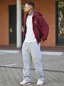 Devon Thys Áo nỉ trùm đầu có khóa kéo in chữ mùa thu dành cho nam, áo dài tay - Màu Đỏ Sâu - Xem 5