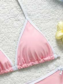 SHEIN بكيني بقطعتين للمراهقات بتصميم الرقبة الحالك والتريم الأصفر، مجموعة ملابس السباحة للربيع والصيف، مجموعة بكيني للشاطئ والصيف للمراهقات - وردي - مشاهدة 5