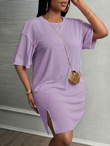 Slaydiva Vestido de manga corta con abertura lateral, hombros caídos y color rosa para vacaciones de principios de primavera en tallas grandes - Púrpura malva - Ver 3