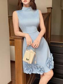 新款法式奢华3D立体花卉无袖优雅高贵修身女士鸡尾酒礼服 - 淺藍色 - 查看 4