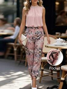 Editum 女士新款优雅纯色衬衫和印花长裤两件套，夏季 - 彩色 - 查看 4