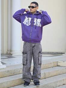Devon Thys 男士字母印花口袋连帽拉链长袖卫衣，拉链棒球帽衫，送给朋友、丈夫、男友的礼物，秋季款，Y2K风格 - 紫色 - 查看 5