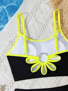 SHEIN Casual Backless Floral Hollow Design Tween Girls Camisole Bikini Top - Black - View 4