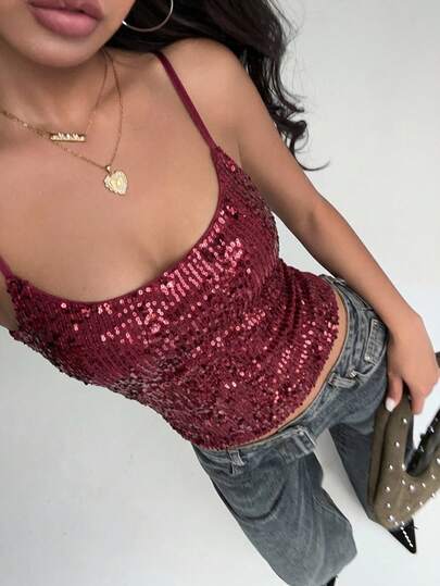 Aloruh Damtopp med spets och paljettmönster, sexigt linne, streetwear