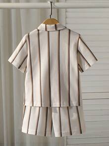 SHEIN 2pcs Young BoyTextured Stripe Knit Shirt And Shorts Set - Apricot - View 2