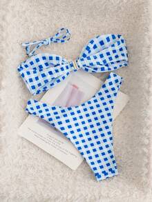 Swim Mod Bộ bikini xoắn kẻ caro xanh trắng mới mùa Xuân/Hè 2026, áo tắm quây 2 mảnh, tôn dáng, gợi cảm, thích hợp cho đi biển, dự tiệc bãi biển, bóng chuyền bãi biển, lễ hội âm nhạc, hẹn hò trên bãi biển, hộp đêm. - Nhiều màu - Xem 2