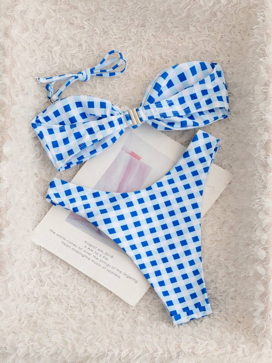 Swim Mod 2026春夏新款蓝白格纹扭结比基尼套装，两件套抹胸泳衣，显瘦性感休闲沙滩装，适合沙滩派对、沙滩排球、音乐节、海滩约会、夜店等场合。 - 彩色 - 查看 1