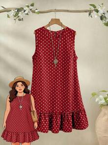 EMERY ROSE Plus Size Round Neck Sleeveless Polka Dot Red And White,Summer,Casual,Vacation,Holiday Ruffle Hem Dress For Women,Spring Beach Festival Outfits - Burgundy - View 8