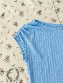 SHEIN 少女针织休闲简约不对称褶皱短款上衣，适合春夏穿着，休闲百搭，个性风格，日常穿着，母亲节毕业季夏季上衣，适合春夏日常穿着、外出、度假、节日穿着，时尚少女，休闲百搭，新款，返校季，轻松休闲风，返校季 - 彩色 - 查看 6