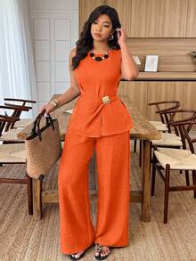 Weeklong Plus Size Women's Round Neck Sleeveless Metal Buckle Decor Waist Casual Suit, Spring/Summer - Orange - View 4