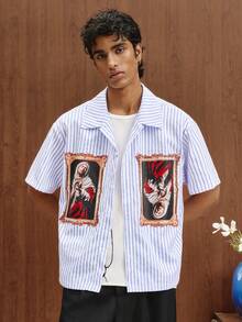 TOKVUE Áo sơ mi nam tay ngắn in họa tiết sọc, kiểu dáng thường ngày. - Xanh và trắng - Xem 3