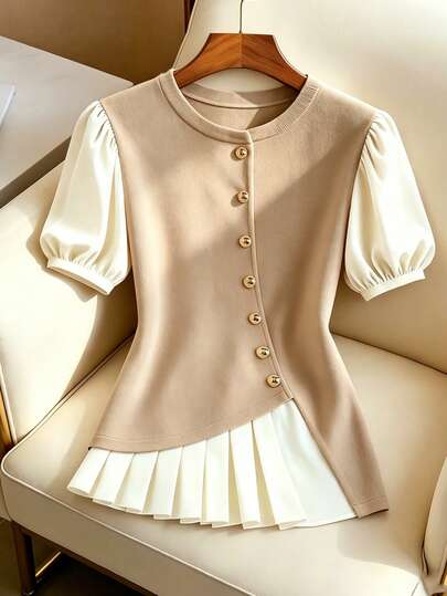 Franclia Women's Color-Blocked Knit Short-Sleeved Blouse, Khaki, Versatile For Everyday Wear And Commuting, Summer Top, Summer, Summer Outfits, Spring Outfits, Easter, Women's Easter Outfits, Women's Holiday Outfits, Party Tops, Women's Beach Outfits, Graduation/Mom Outfits, Women's Elegant Tops, Women's Elegant Suits, Women's Casual Tops, Women's Casual Suits, Women's Holiday Outfits, Summer Vacation Outfits, Women's Formal Shirts, Women's Social/Formal Tops, Women's Formal Wear, Women's Commuting Outfits, Women's Work Attire, Social/Workwear Tops, Women's Country Style, Sexy Country Style, Sequined Tops, Women's Skirt Tops, Apricot Tops, Apricot Shirts.Graduation Season Attire, Fashionable Casual Commuter Wear, Business Office Wear, Versatile And Stylish Everyday Casual Wear, Urban Teacher's Professional Attire