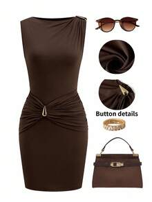 Ellevyn Vestido elegante y ajustado sin mangas con hebilla de metal y pliegues - Café integral - Ver 8