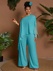 Maweii 2pcs/Set Asymmetric Hem Loose Yellow Casual Vacation Commute Plus Size Top & Shorts Set, Spring/Summer/Autumn Fall - Blue - View 4