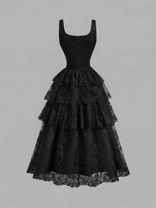 Skyraze Women's Solid Color Lace Multi-Layer Ruffle Romantic Dress - Black - View 7
