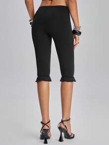 TypaGal Leggings de mujer de unicolor simple con volantes en el bajo, para verano - Negro - Ver 2