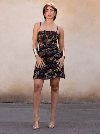 IamThia 女式复古枫叶印花褶皱迷你连衣裙，适合暑假、返校服装