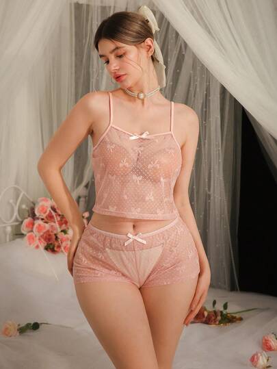 Conjunto de lencería sexy de mujer con malla y lazo jacquard